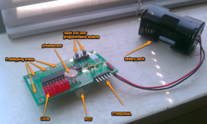 Photo of HacDC's 2011 AVR Class Project PCB Kit (assembled) ©2011 Elliot Williams